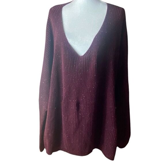 Glitzy Girls Womens Burgundy Ribbed V Neck Long Sleeve Pullover Sweater Size 2X - Picture 1 of 6